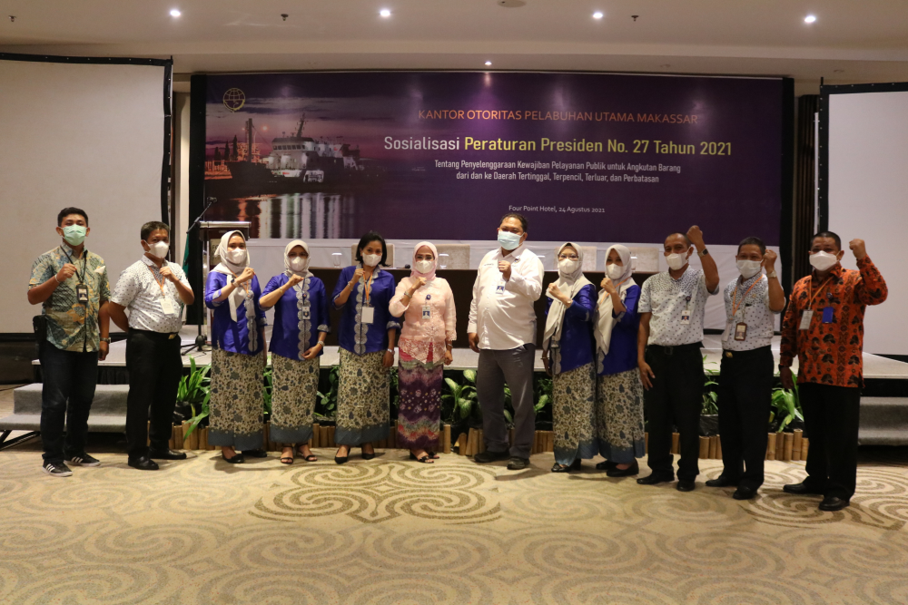 Makassar, 24 sd 25 Agustus 2021 Kantor Otoritas Pelabuhan Utama Makassar menggelar Sosialisasi Perpres No. 27 tahun 2021 tentang Penyelenggaraan Kewajiban Pelayanan Publik untuk Angkutan Barang dari dan ke Daerah Tertinggal terpencil terluar dan Perbatas