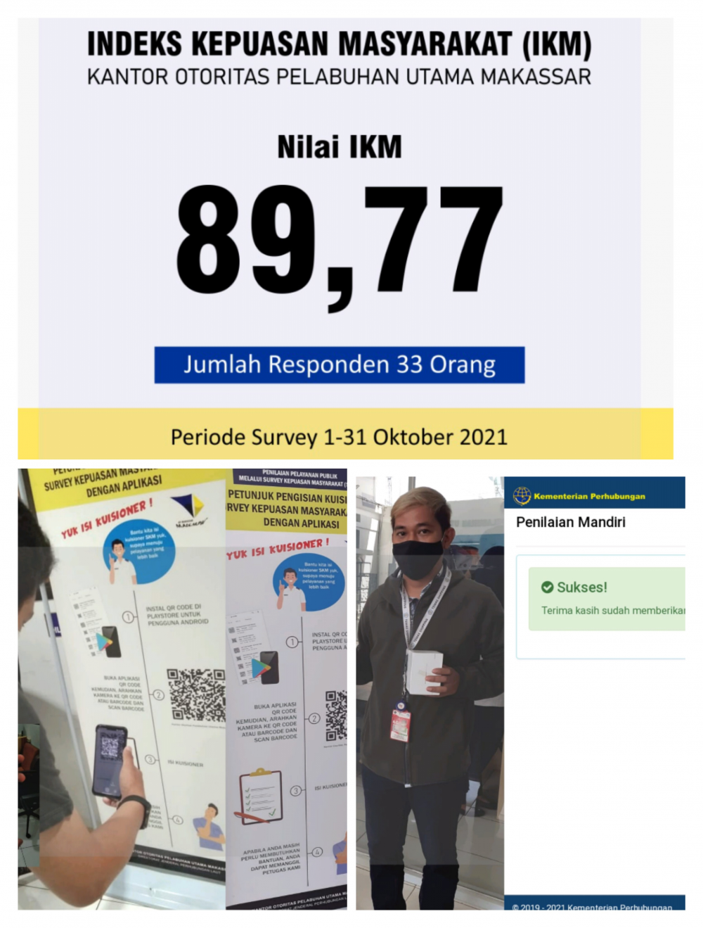 Kantor Otoritas Pelabuhan Utama Makassar telah melaksanakan Survei Kepuasan Masyarakat menggunakan Aplikasi 3A IPK IKM periode 1-31 Oktober 2021 dengan Hasil 89,77.