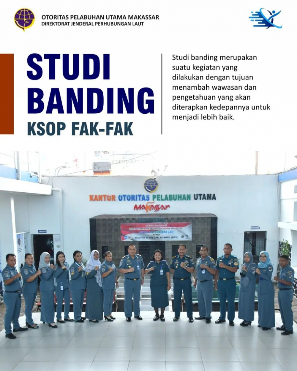 Kantor Kesyahbandaran dan Otoritas Pelabuhan Kelas IV Fak-Fak&nbsp; mengadakan kunjungan Studi Banding ke Kantor Otoritas Pelabuhan Utama Makassar dalam upaya peningkatan mutu Tim Social Media Response Team (SMRT), Rabu, 10 November 2021.