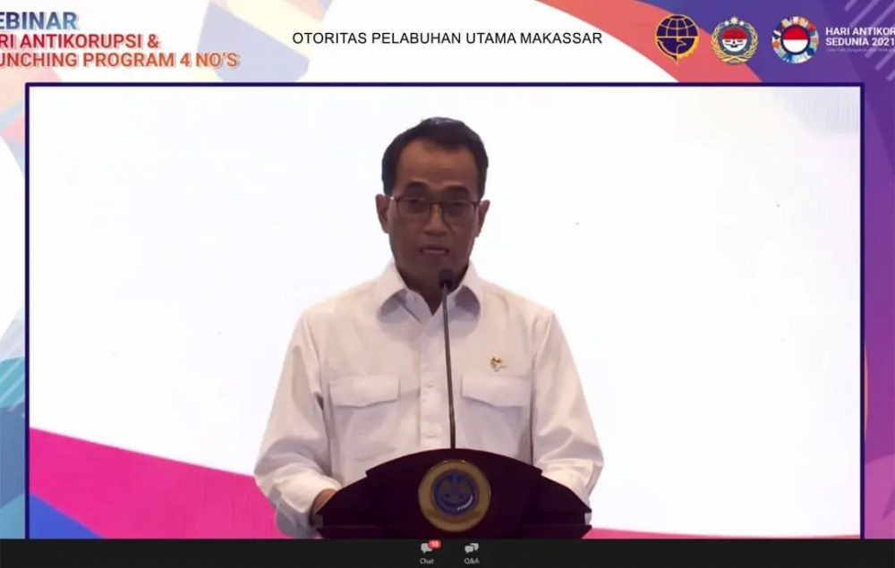 Menhub Mengajak Seluruh Insan Perhubungan Mengikuti Webinar Peringatan Hari Anti Korupsi Sedunia (Hakordia) Tahun 2021 dan Menerapkan Prinsip 4 No's ini adalah “Satu Padu Bangun Budaya Anti Korupsi”.&nbsp;