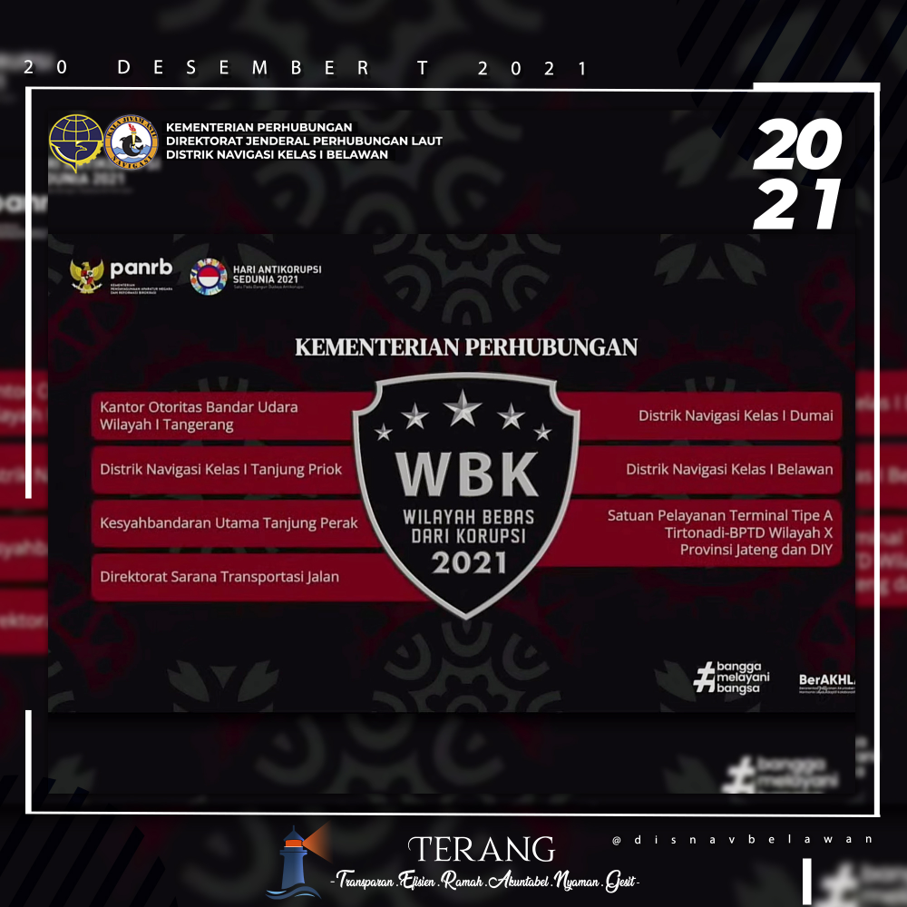RESMI, DISTRIK NAVIGASI KELAS I BELAWAN MENERIMA PREDIKAT WILAYAH BEBAS DARI KORUPSI TAHUN 2021.
