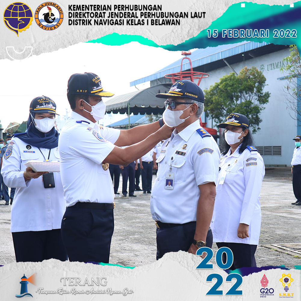 KEGIATAN APEL PENYEMATAN PANGKAT PENGABDIAN DAN PELEPASAN SERTA PERSIAPAN PURNA BAKTI DI LINGKUNGAN DISTRIK NAVIGASI KELAS I BELAWAN