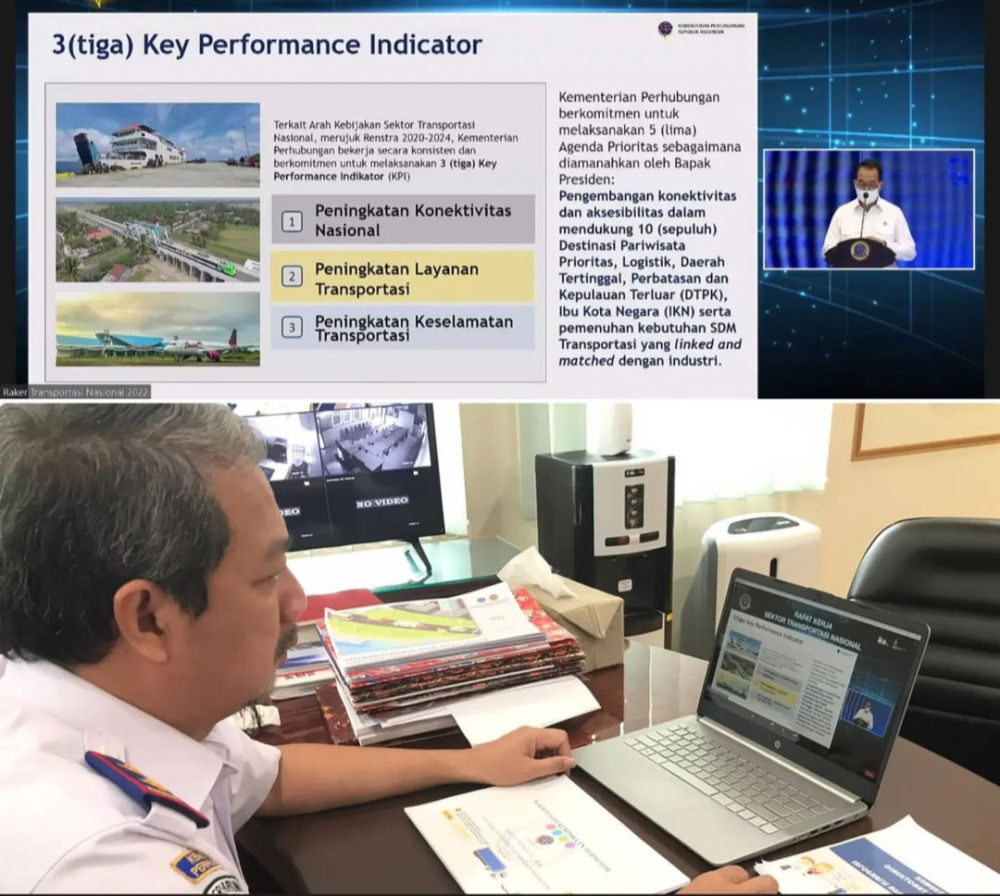 Kepala Kantor Otoritas Pelabuhan Utama Makassar Mengikuti Rapat Kerja Transportasi Nasional Tahun 2022 Melalui Virtual Zoom Meeting
