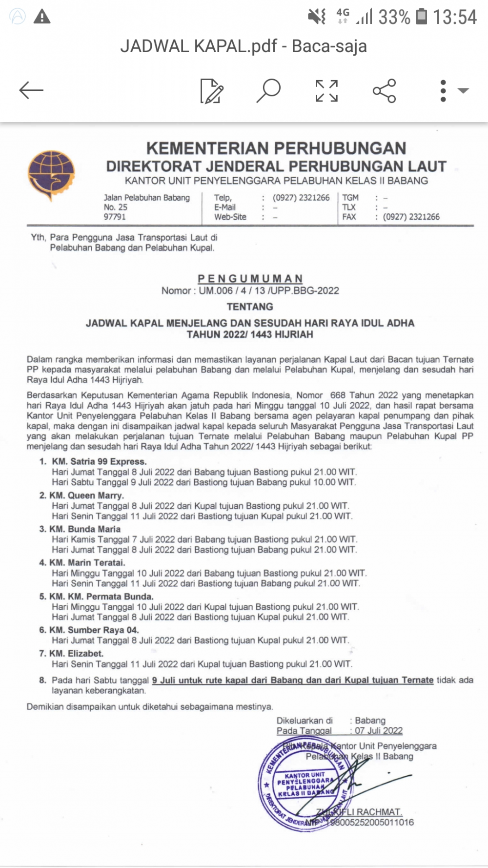 JADWAL PELAYANAN KAPAL PENUMPANG RUTE BACAN-TERNATE MELALUI PELABUHAN BABANG DAN KUPAL MENJELANG DAN SESUDAH IDUL ADHA