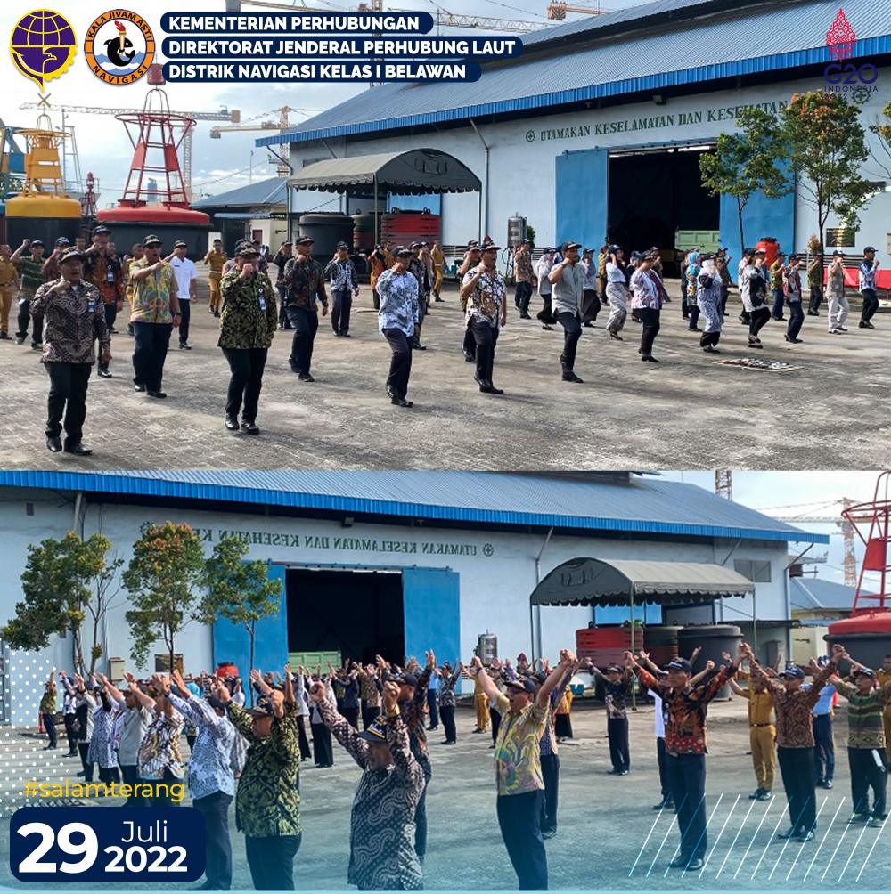 Pelaksanaan Apel Pagi dan Menyanyikan Lagu Hymne dan Mars Perhubungan secara bersama.