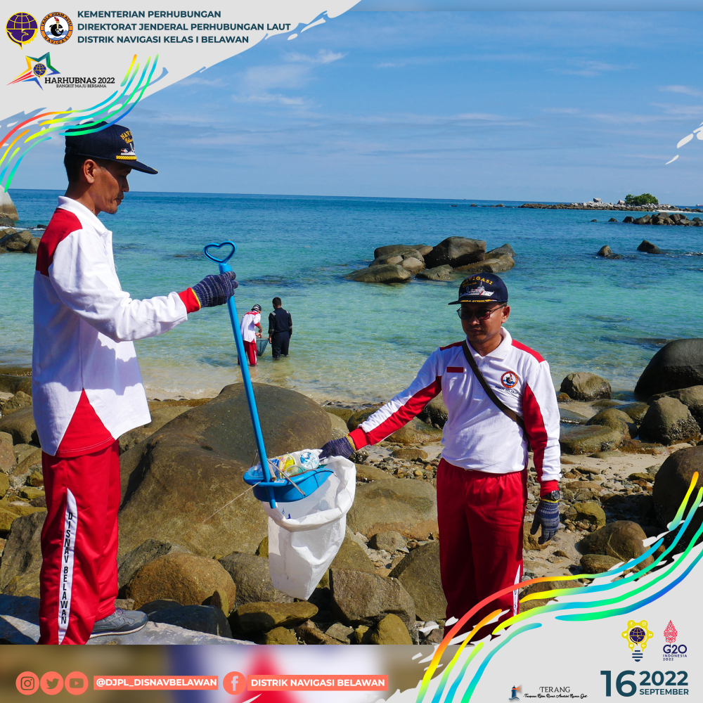 SAMBUT HARHUBNAS 2022, DISTRIK NAVIGASI KELAS I BELAWAN GELAR GERAKAN BERSIH LAUT DAN PANTAI DI LOKASI MENARA SUAR PULAU PANDANG DSI.500