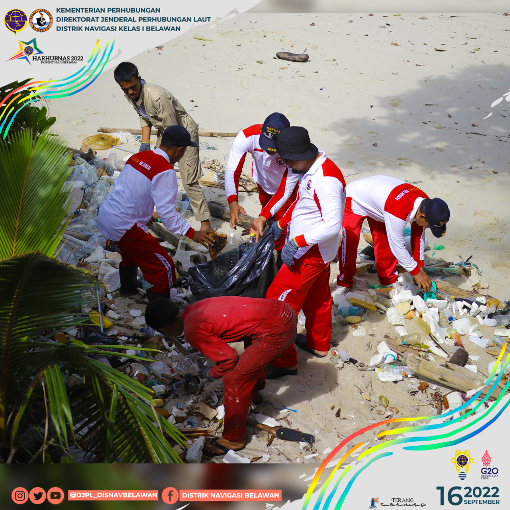 SAMBUT HARHUBNAS 2022, DISTRIK NAVIGASI KELAS I BELAWAN GELAR GERAKAN BERSIH LAUT DAN PANTAI DI LOKASI MENARA SUAR PULAU PANDANG DSI.500