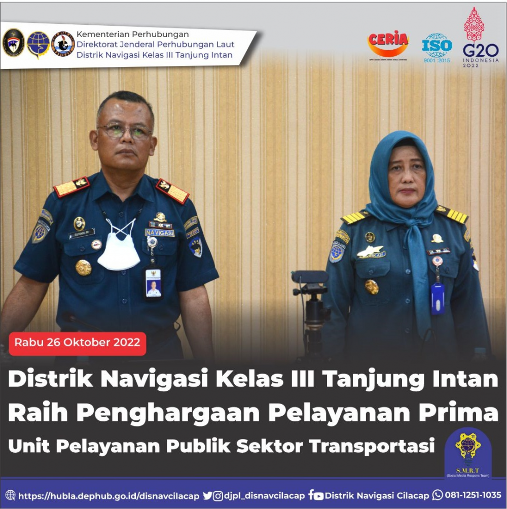 Distrik Navigasi Kelas III Tanjung Intan Raih Penghargaan Pelayanan Prima Unit Pelayanan Publik Sektor Transportasi