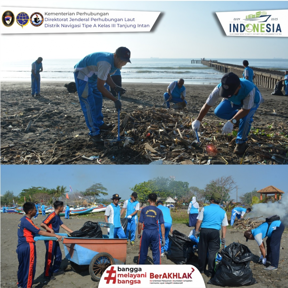 Dalam Rangka peringatan Hari Pelaut Sedunia Tahun 2023 Disnav Tanjung Intan mlaksanakan bersih Pantai Teluk Penyu