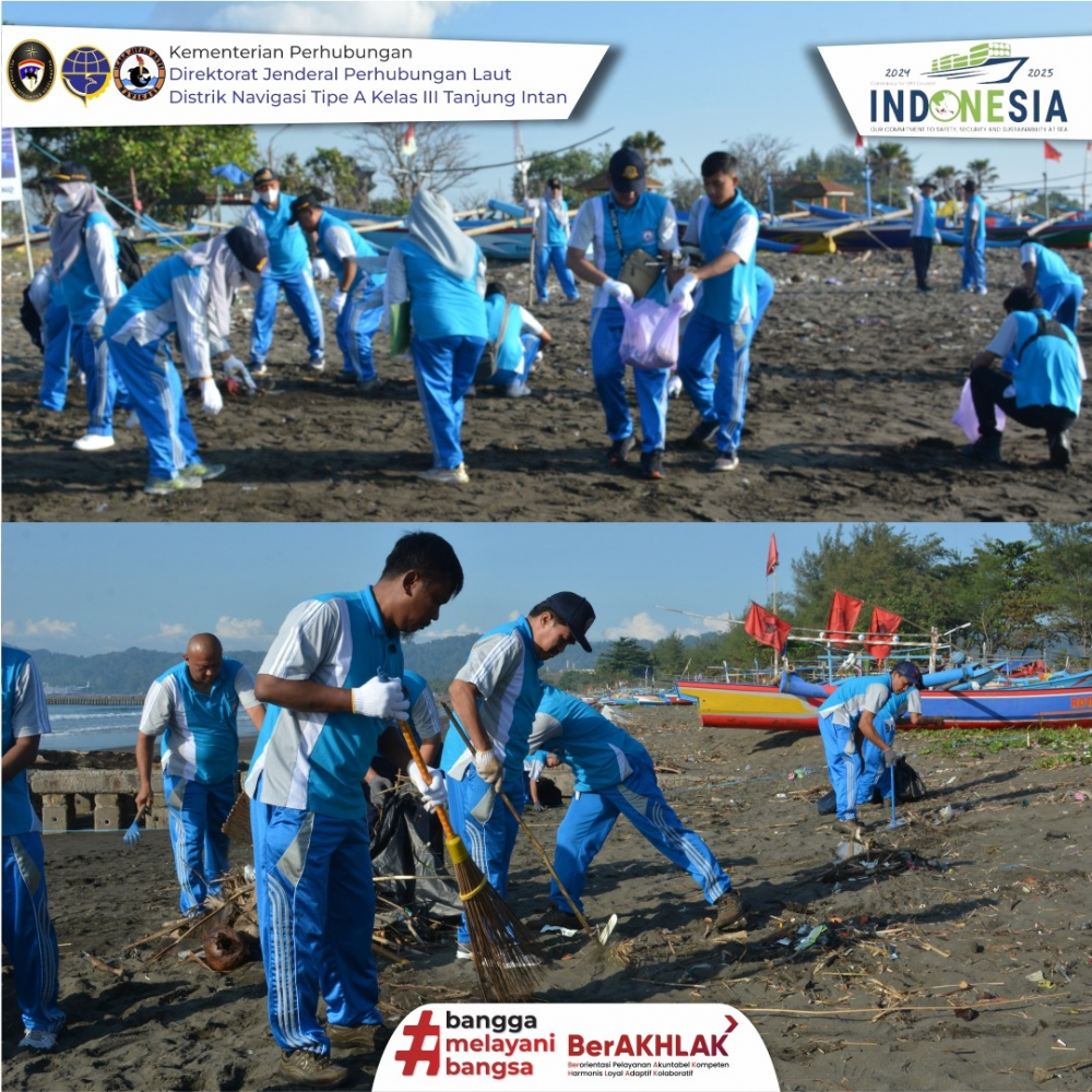 Dalam Rangka peringatan Hari Pelaut Sedunia Tahun 2023 Disnav Tanjung Intan mlaksanakan bersih Pantai Teluk Penyu