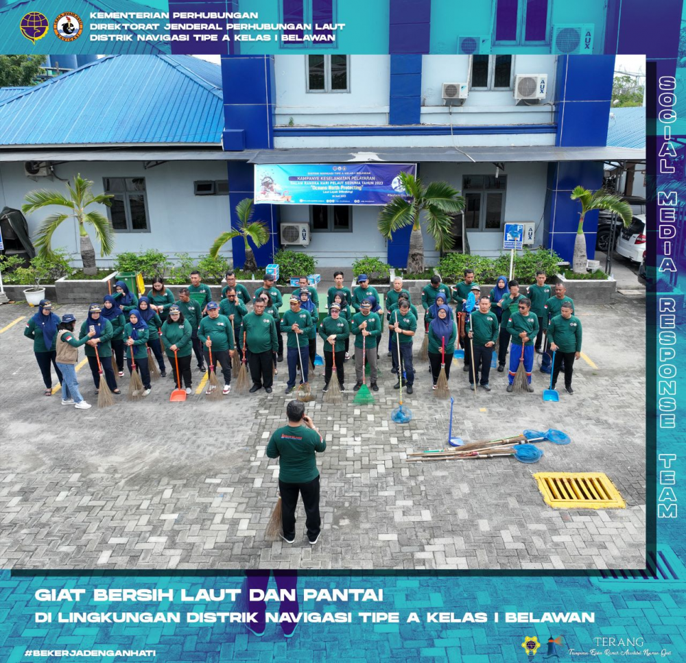 Bersih-Bersih Laut dan Pantai di Area Lingkungan Kerja Distrik Navigasi Tipe A Kelas I Belawan dalam Rangka Memperingati Hari Pelaut Sedunia