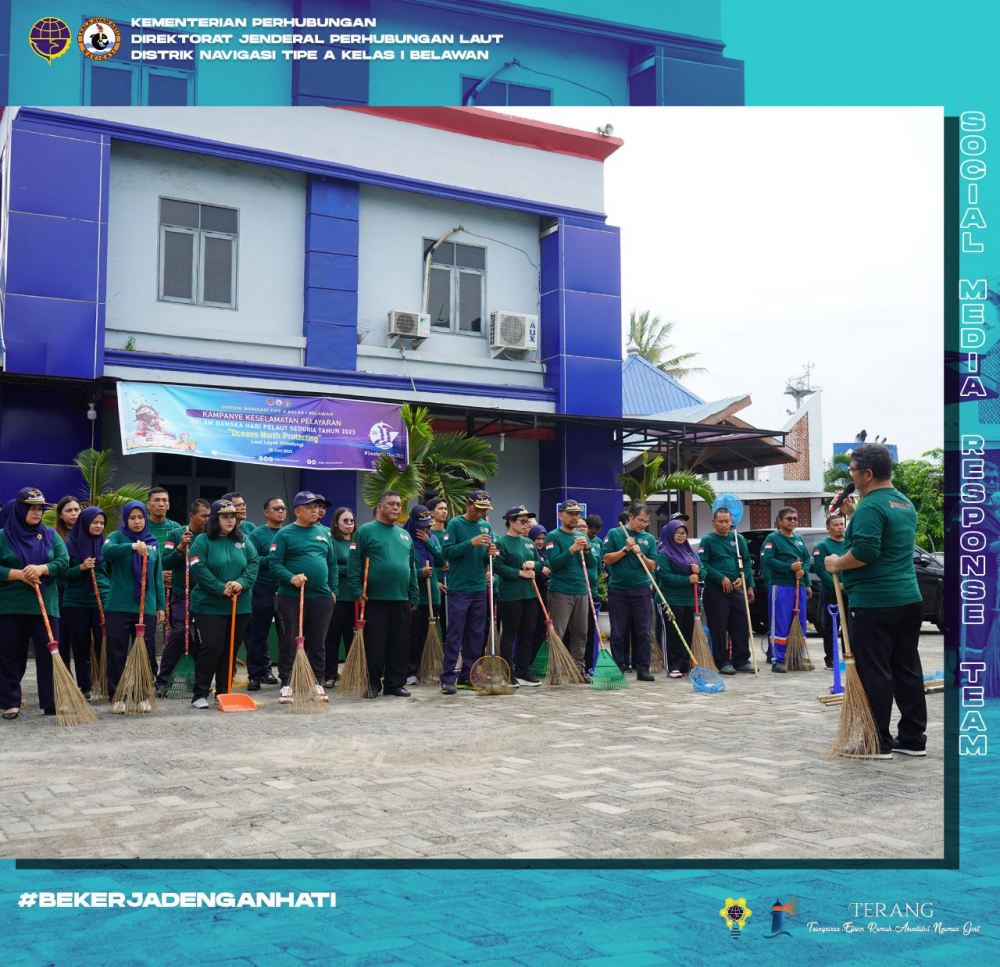 Bersih-Bersih Laut dan Pantai di Area Lingkungan Kerja Distrik Navigasi Tipe A Kelas I Belawan dalam Rangka Memperingati Hari Pelaut Sedunia