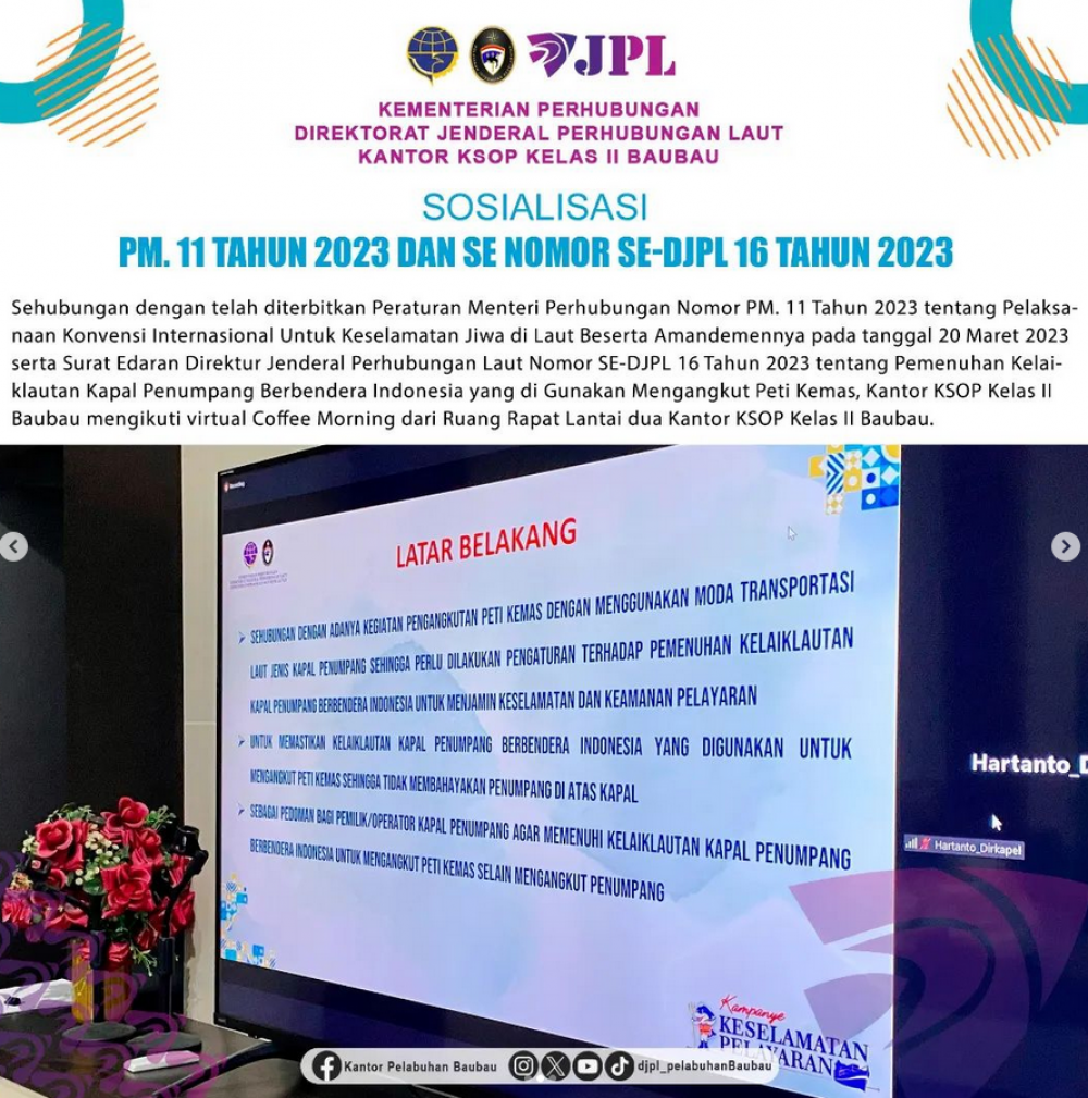 Sosialisasi PM 11 Tahun 2023 dan Surat Edaran Nomor SE-DJPL 16 Tahun 2023