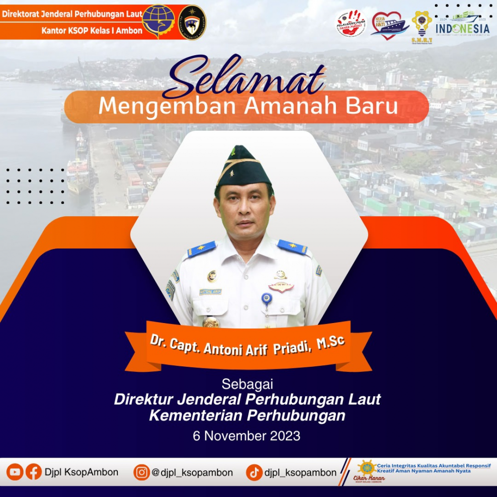 Selamat dan sukses atas dilantiknya Bapak Dr. Capt. Anthoni Arif Priadi sebagai Direktur Jenderal Perhubungan Laut Kementerian Perhubungan Republik Indonesia.