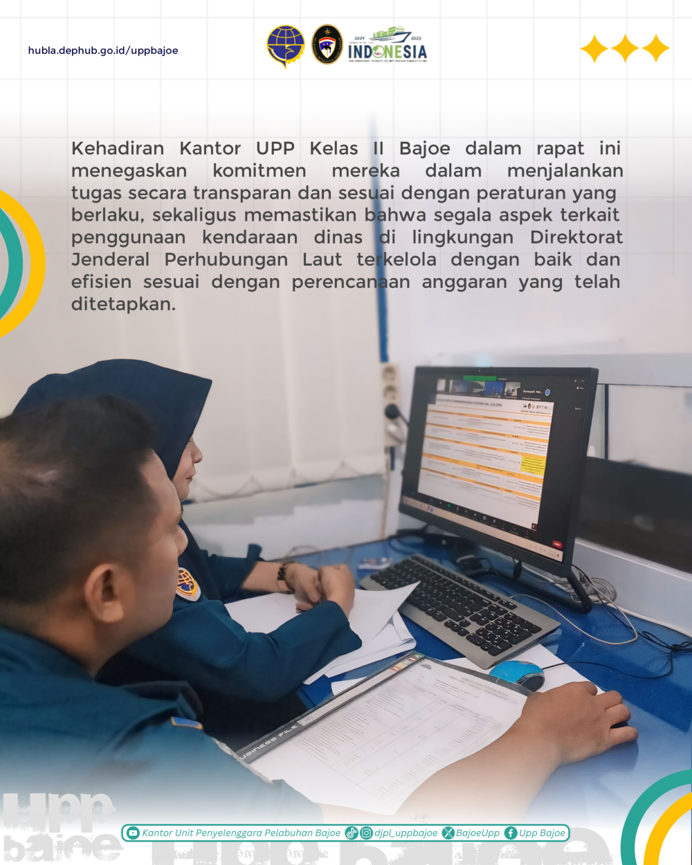 Bendahara dan PPK Kantor UPP Kelas II Bajoe, yang turut berdiskusi mengenai Tindak Lanjut Pembukaan Catatan Halaman IV.B DIPA terkait Kendaran Dinas Tahun Anggaran 2024 di Lingkungan Direktorat Jenderal Perhubungan Laut