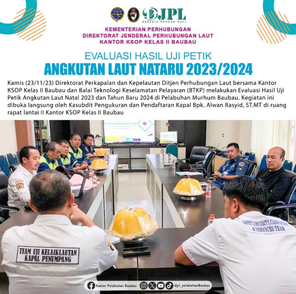 Evaluasi Hasil Uji Petik Angkutan Laut Natal 2023 dan Tahun Baru 2024 di Pelabuhan Murhum Baubau.