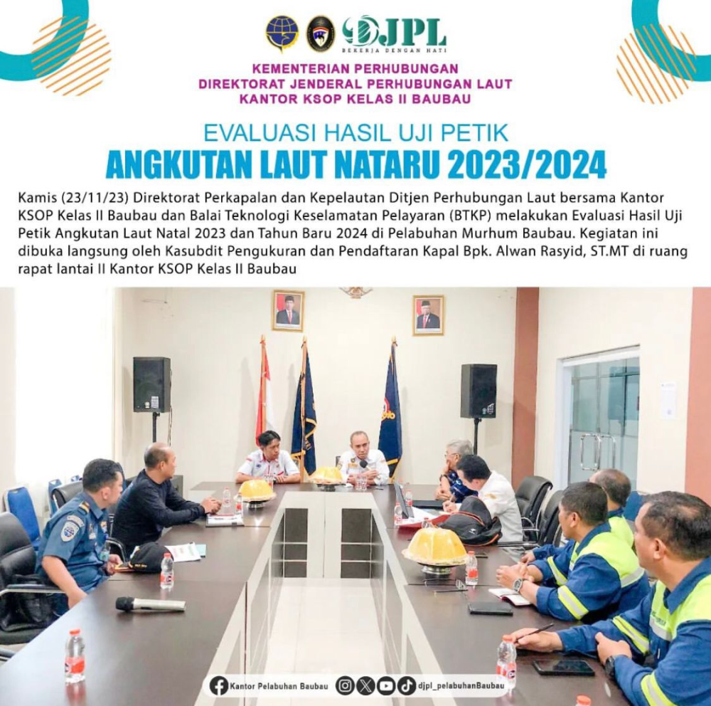 Evaluasi Hasil Uji Petik Angkutan Laut Natal 2023 dan Tahun Baru 2024 di Pelabuhan Murhum Baubau.
