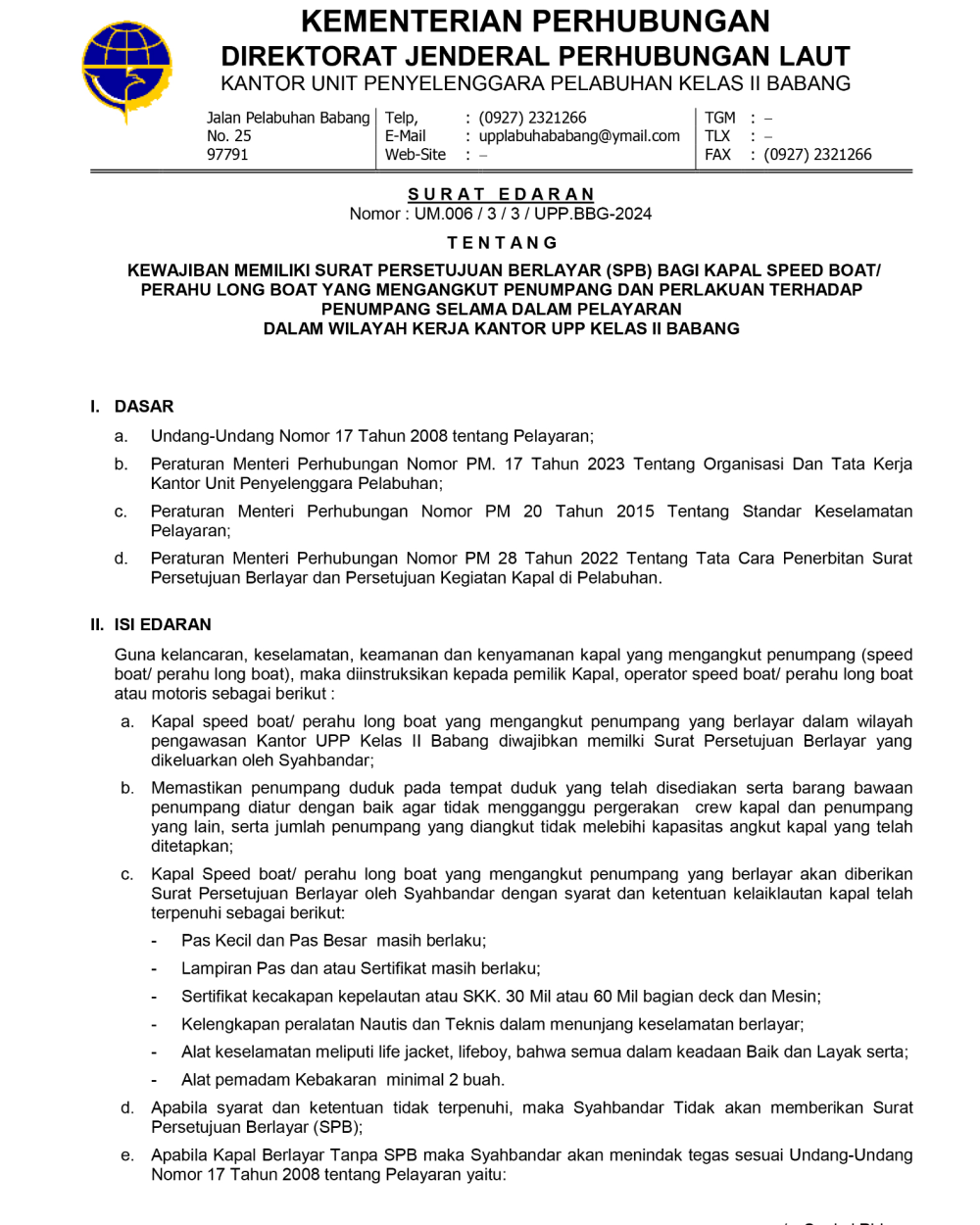 MENJELANG HARI RAYA IDHUL FITRI TAHUN 2024/1445 Hijriah, KANTOR UPP KELAS II BABANG PERKETAT PENGAWASAN PELABUHAN SPEED BOAT