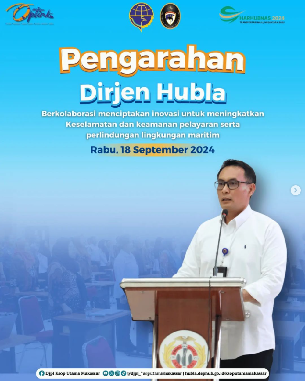 Direktur Jenderal Perhubungan Laut, Dr. Capt. Antoni Arif Priadi, M.Sc, memberikan pengarahan di Kampus Terpadu Politeknik Ilmu Pelayaran (PIP) Salodong Makassar. Acara ini dihadiri oleh Kepala Kantor Kesyahbandaran dan Otoritas Pelabuhan Utama Makassar C