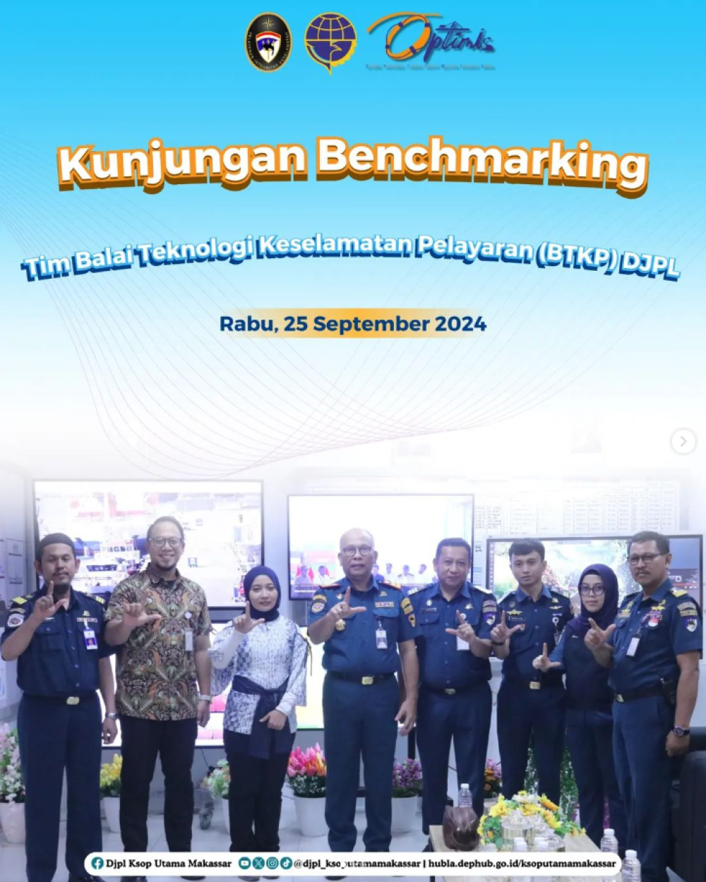 Kepala Kantor Kesyahbandaran dan Otoritas Pelabuhan Utama Makassar Capt.Sahattua P.Simatupang,M.M.,M.H.,CGCAE. menerima kunjungan benchmarking Tim Balai Teknologi Keselamatan Pelayaran (BTKP) Direktorat Jenderal Perhubungan Laut, Rabu (25/9/24). Hadir dal