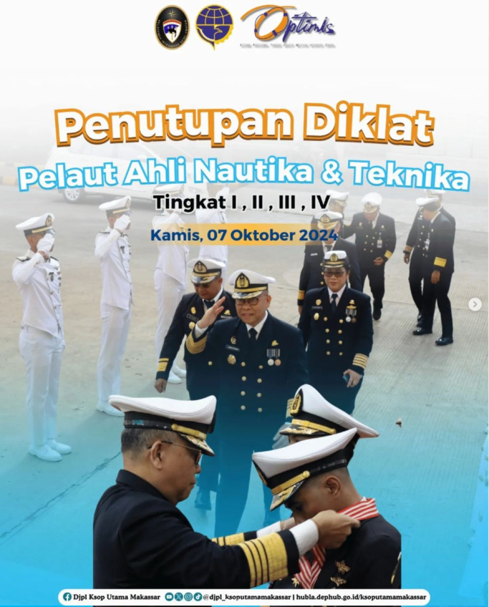 Kepala Kantor Kesyahbandaran dan Otoritas Pelabuhan Utama Makassar Capt. Sahattua P. Simatupang menjadi inspektur upacara pada acara penutupan Pendidikan dan Latihan (Diklat) Pelaut Ahli Nautika dan Teknika tingkat I, II, III, dan IV di Politeknik Ilmu Pe