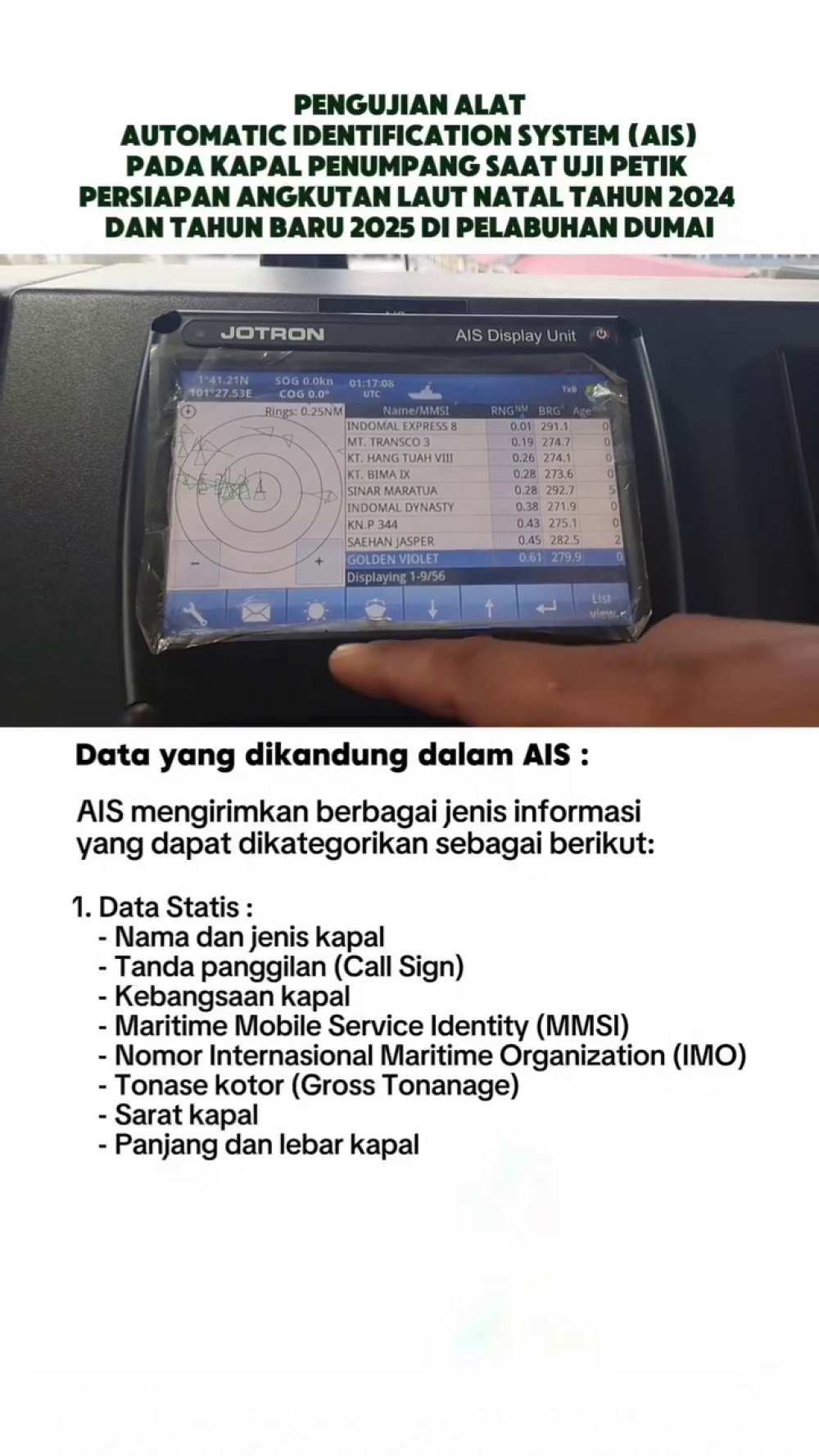 PENGUIJAN ALAT AUTOMATIC IDENTIFICATION (AIS) SAAT UJI PETIK PADA KAPAL PENUMPANG