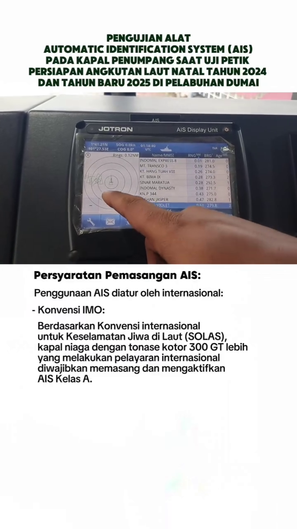 PENGUIJAN ALAT AUTOMATIC IDENTIFICATION (AIS) SAAT UJI PETIK PADA KAPAL PENUMPANG