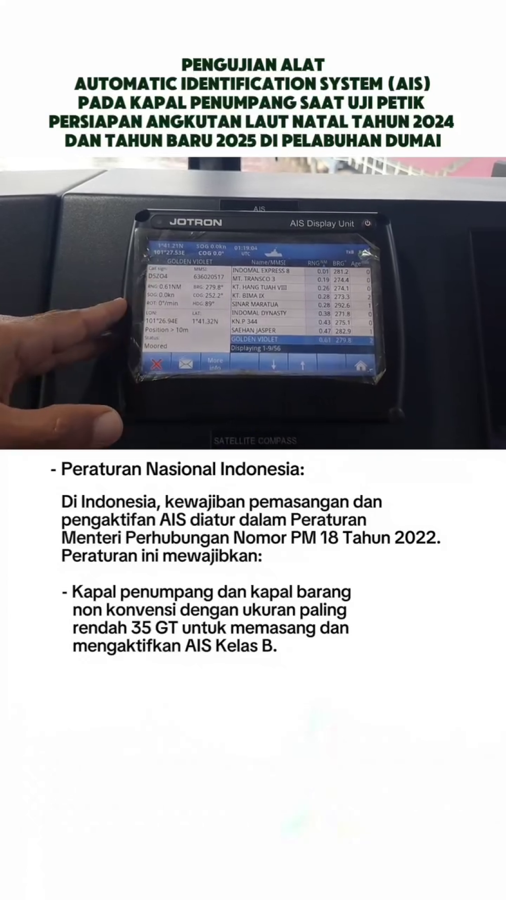 PENGUIJAN ALAT AUTOMATIC IDENTIFICATION (AIS) SAAT UJI PETIK PADA KAPAL PENUMPANG