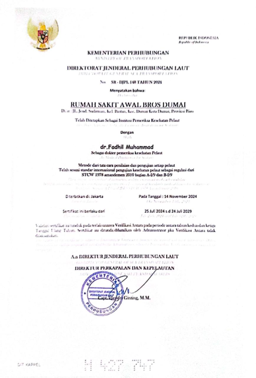 RUMAH SAKIT AWAL BROS DUMAI TELAH DITETAPKAN SEBAGAI INSTITUSI PEMERIKSA KESEHATAN PELAUT OLEH DITJEN HUBLA