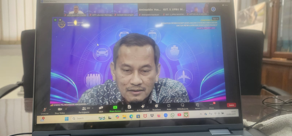 Plh. Kepala Kantor KSOP Kelas I Dumai mengikuti Kegiatan Coaching Clinic strategi menghadapi kebijakan Efisiensi Anggaran yang dilaksanakan oleh Biro Keuangan Kementerian Perhubungan.