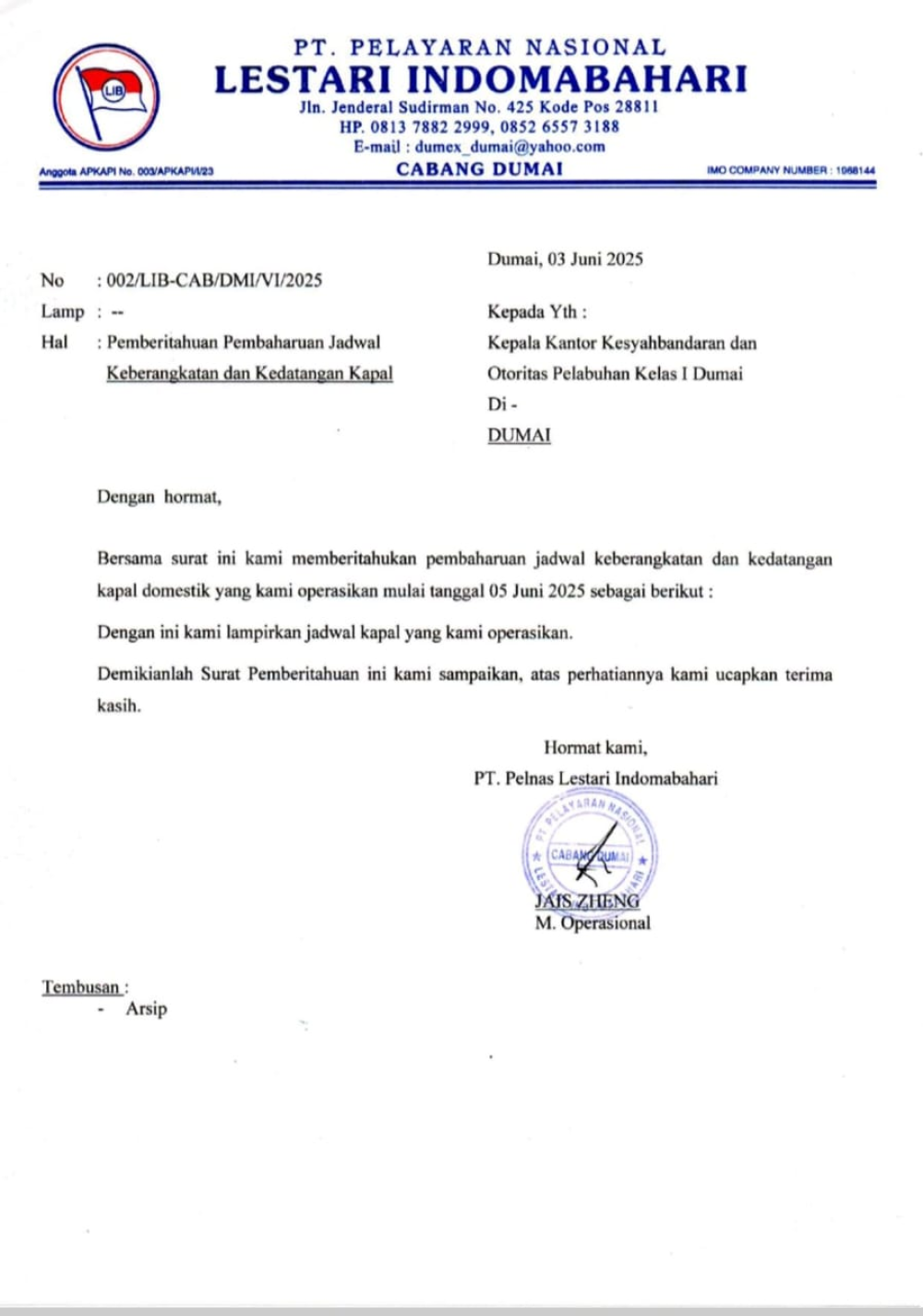 PEMBERITAHUAN PEMBAHARUAN JADWAL KEBERANGKATAN DAN KEDATANGAN KAPAL DOMESTIK DI PELABUHAN PENUMPANG PELINDO DUMAI