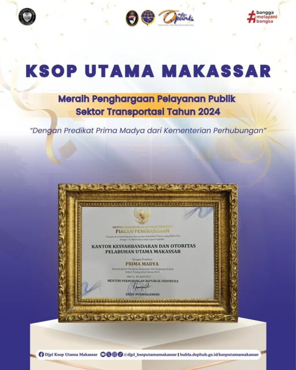 KSOPMakassar meraih Penghargaan Pelayanan Publik Sektor Transportasi Tahun 2024 dengan Predikat Prima Madya dari Kementerian Perhubungan.
