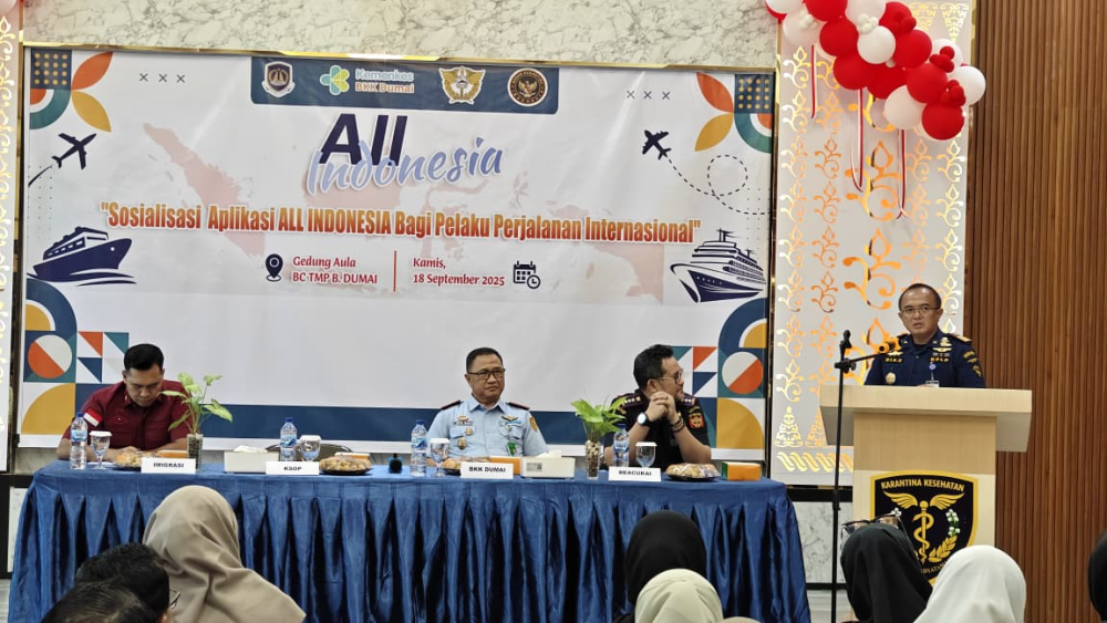 Kantor Kesyahbandaran dan Otoritas Pelabuhan Kelas I Dumai menghadiri undangan Kegiatan Sosialisasi Aplikasi All Indonesia bagi Pelaku Perjalanan Internasional oleh Balai Kekarantinaan Kesehatan Kelas I Dumai, di Aula Kantor Pengawasan dan Pelayanan Bea d