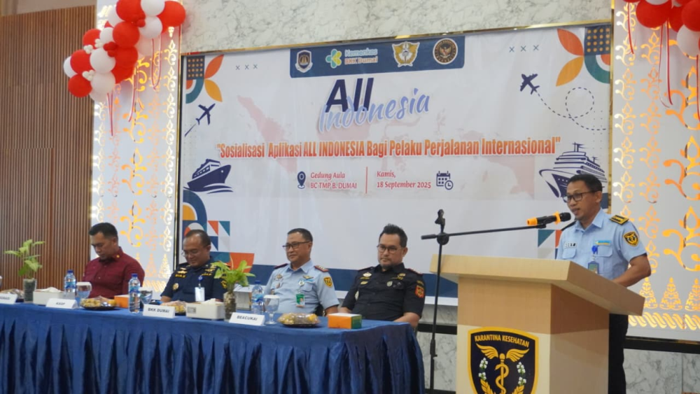 Kantor Kesyahbandaran dan Otoritas Pelabuhan Kelas I Dumai menghadiri undangan Kegiatan Sosialisasi Aplikasi All Indonesia bagi Pelaku Perjalanan Internasional oleh Balai Kekarantinaan Kesehatan Kelas I Dumai, di Aula Kantor Pengawasan dan Pelayanan Bea d