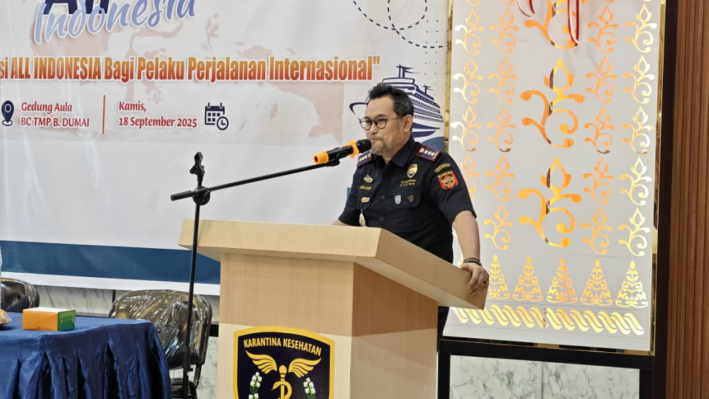 Kantor Kesyahbandaran dan Otoritas Pelabuhan Kelas I Dumai menghadiri undangan Kegiatan Sosialisasi Aplikasi All Indonesia bagi Pelaku Perjalanan Internasional oleh Balai Kekarantinaan Kesehatan Kelas I Dumai, di Aula Kantor Pengawasan dan Pelayanan Bea d
