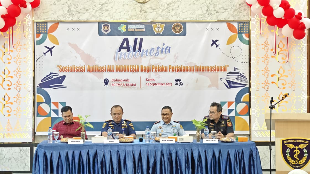 Kantor Kesyahbandaran dan Otoritas Pelabuhan Kelas I Dumai menghadiri undangan Kegiatan Sosialisasi Aplikasi All Indonesia bagi Pelaku Perjalanan Internasional oleh Balai Kekarantinaan Kesehatan Kelas I Dumai, di Aula Kantor Pengawasan dan Pelayanan Bea d