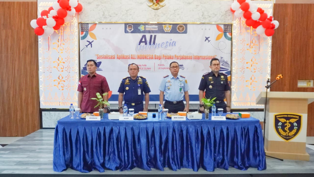 Kantor Kesyahbandaran dan Otoritas Pelabuhan Kelas I Dumai menghadiri undangan Kegiatan Sosialisasi Aplikasi All Indonesia bagi Pelaku Perjalanan Internasional oleh Balai Kekarantinaan Kesehatan Kelas I Dumai, di Aula Kantor Pengawasan dan Pelayanan Bea d