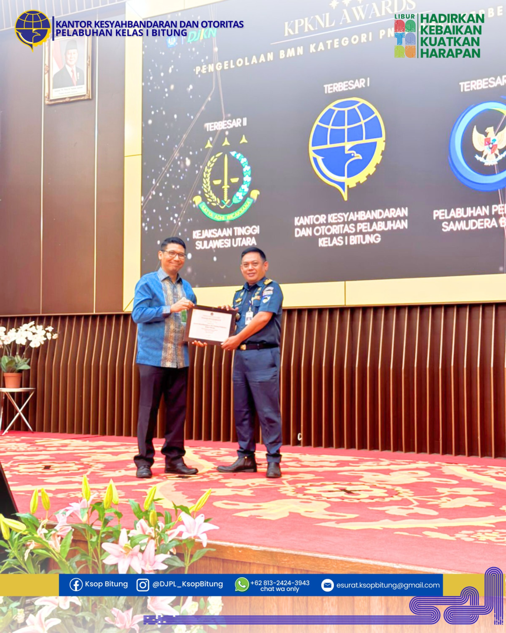 KSOP Bitung Menerima Penghargaan sebagai UPT dengan Pengelolaan BMN Kategori PNBP Aset Terbesar I