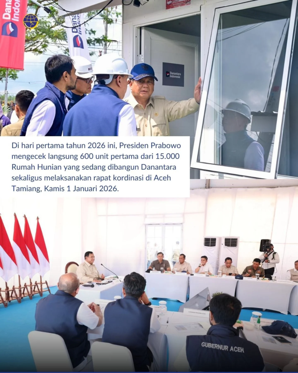 Presiden Prabowo Subianto kembali meninjau proses pemulihan pascabencana di Kabupaten Aceh Tamiang, Provinsi Aceh, pada libur tahun baru Kamis, 1 Januari 2026.