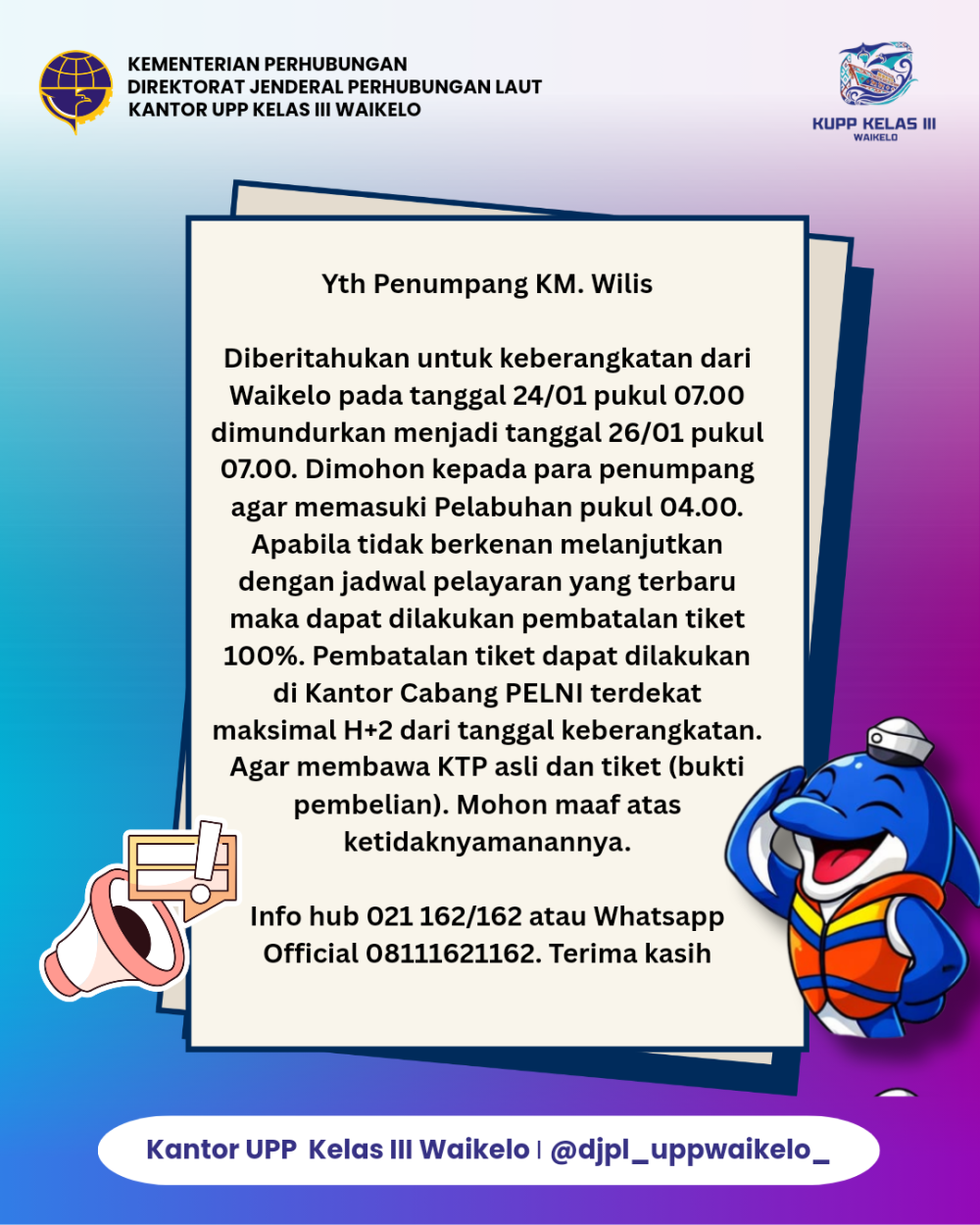 INFO PERUBAHAN JADWAL KM. WILIS
