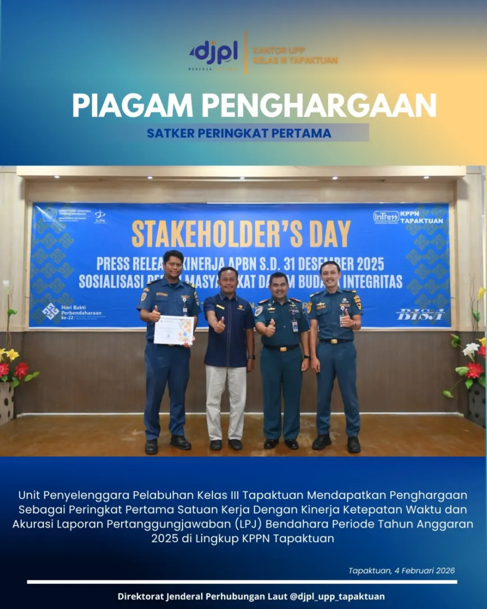 Piagam Penghargaan Satker Peringkat Pertama