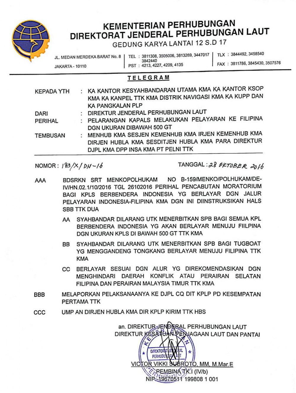 KEMENHUB KELUARKAN TELEGRAM LARANGAN KAPAL BERUKURAN DI BAWAH 500 GT BERLAYAR KE FILIPINA