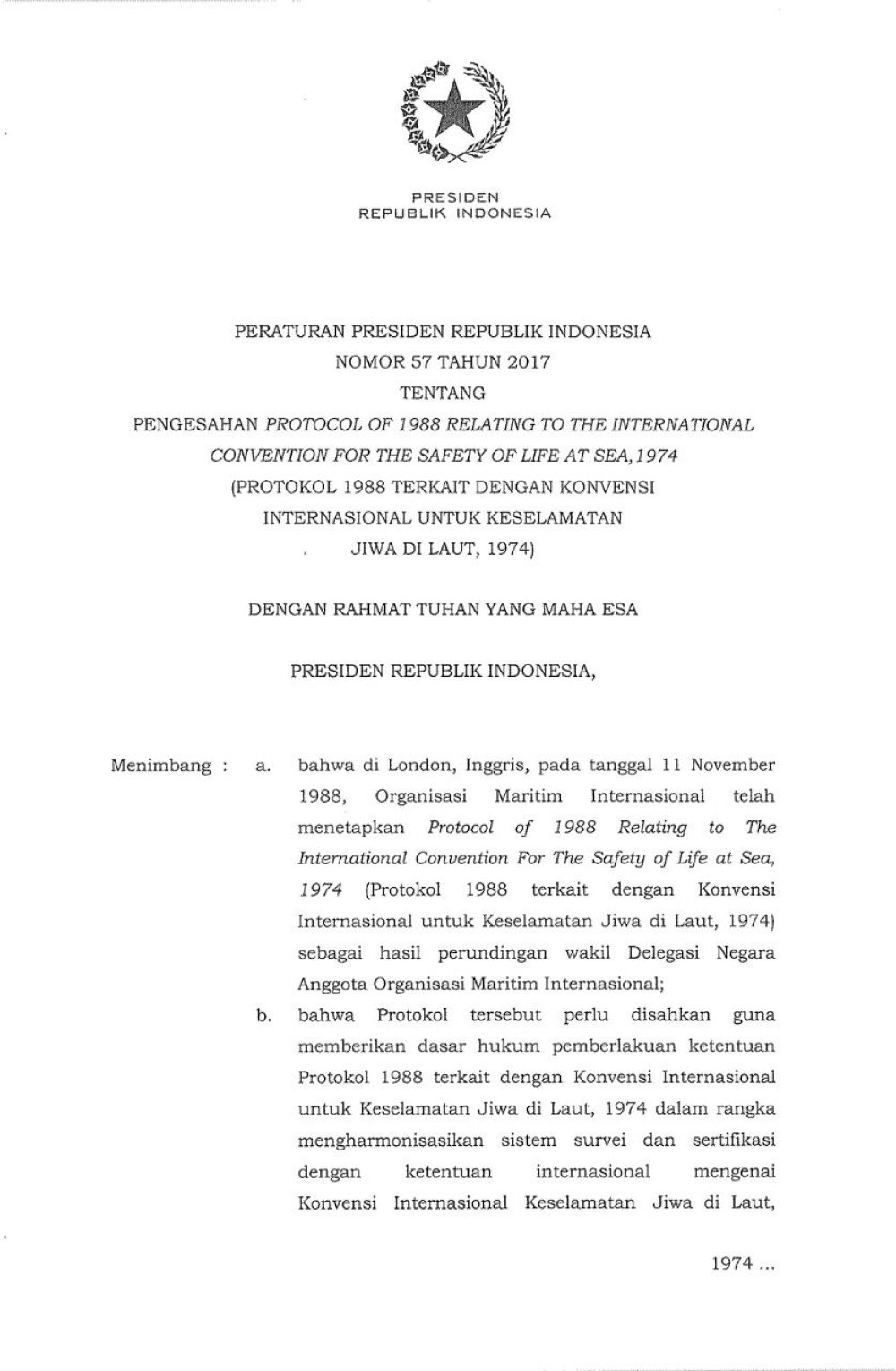 DUKUNG KESELAMATAN JIWA DI LAUT, INDONESIA RATIFIKASI PROTOKOL SOLAS 1988
