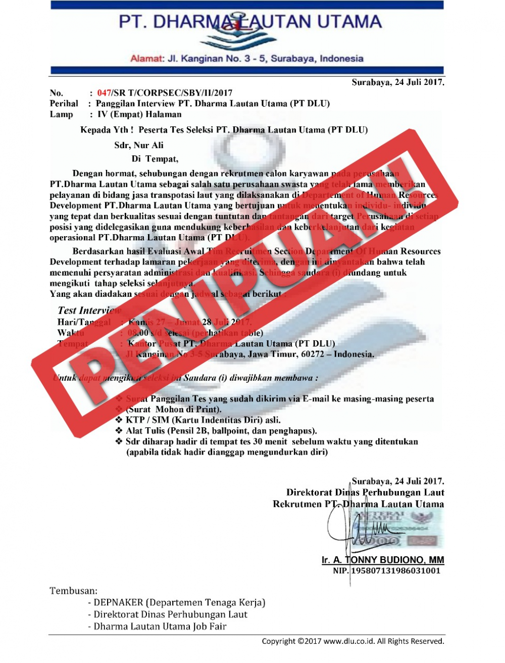 PENIPUAN BERKEDOK REKRUITMEN MENCATUT NAMA DIRJEN PERHUBUNGAN LAUT 24/0