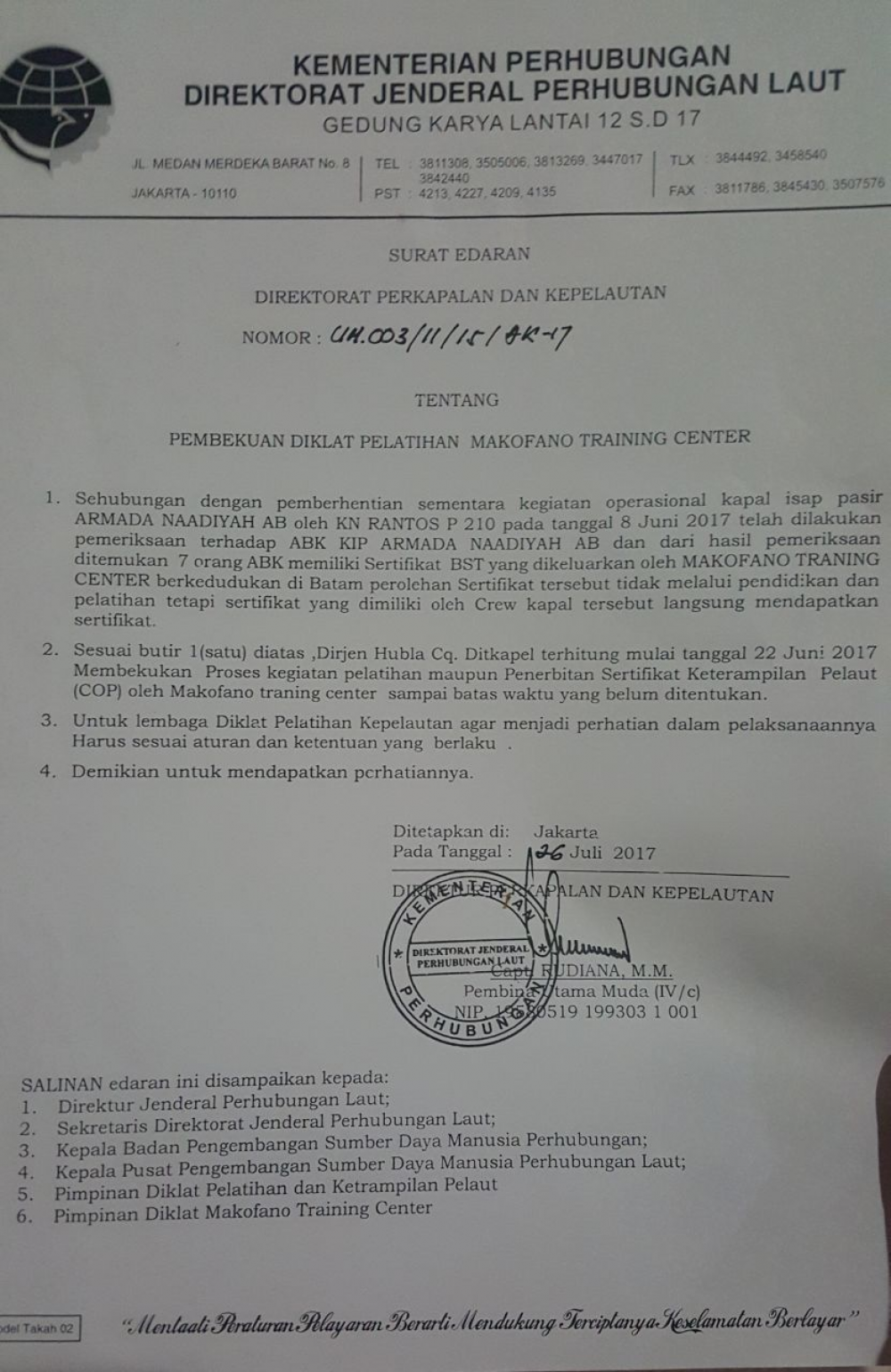 KEMENHUB BEKUKAN DIKLAT PELATIHAN MAKOFANO TRAINING CENTER 30/07/2017