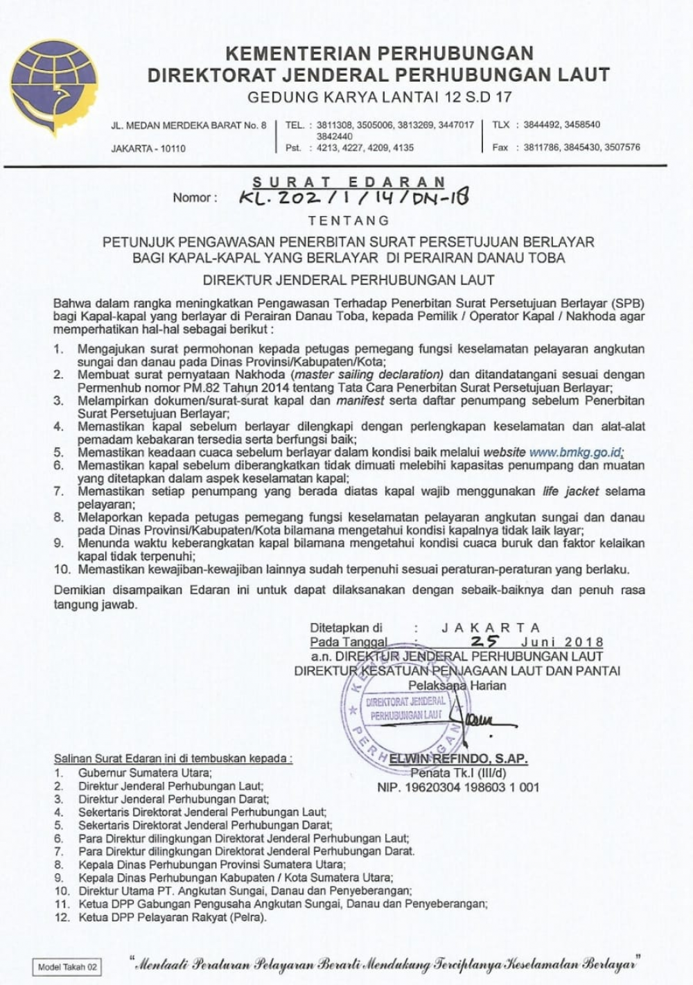 KEMENHUB TERBITKAN SURAT EDARAN PETUNJUK PENGAWASAN PENERBITAN SURAT PERSETUJUAN BERLAYAR BAGI KAPAL-KAP