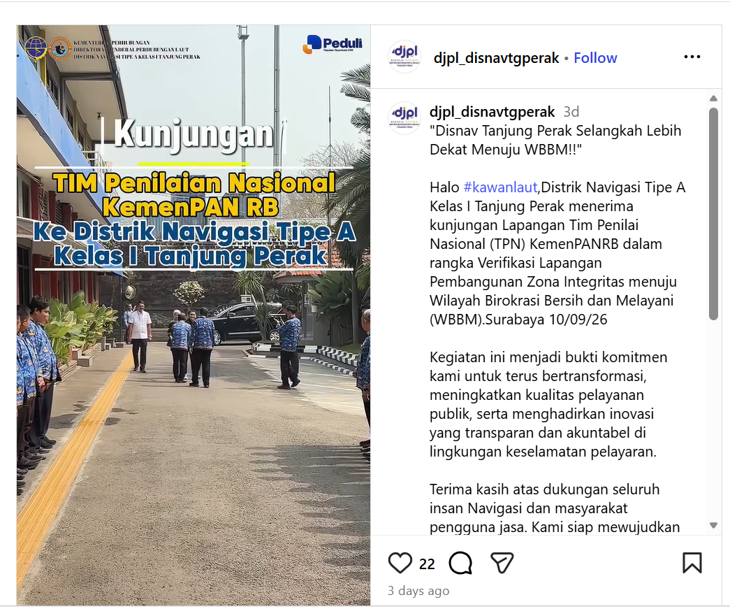 Tim Penilaian Nasional Kemenpan RB berkunjung ke Distrik Navigasi Tipe A Kelas I Tanjung Perak