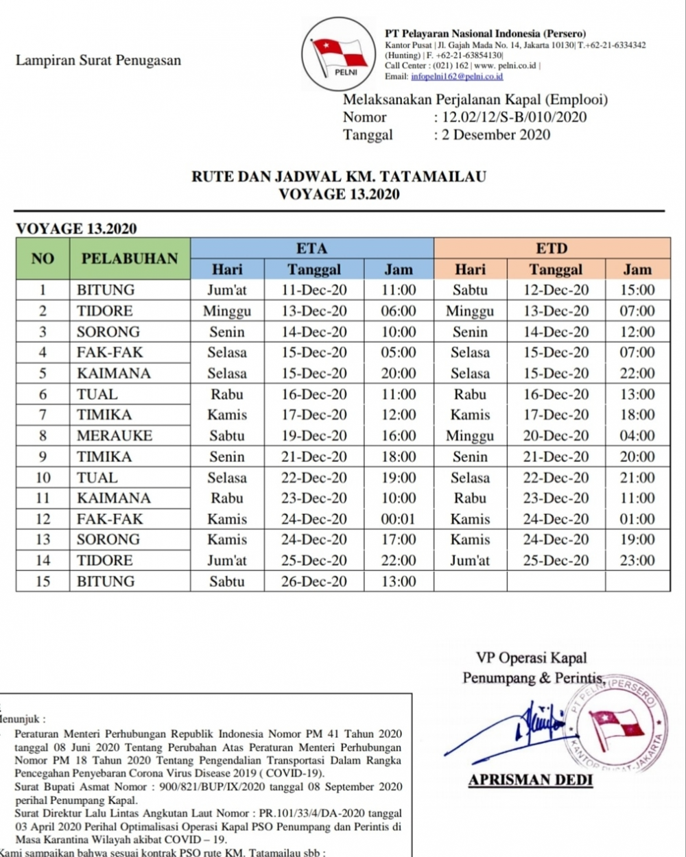 Jadwal KM. TATAMAILAU 11 Des - 26 Des 2020