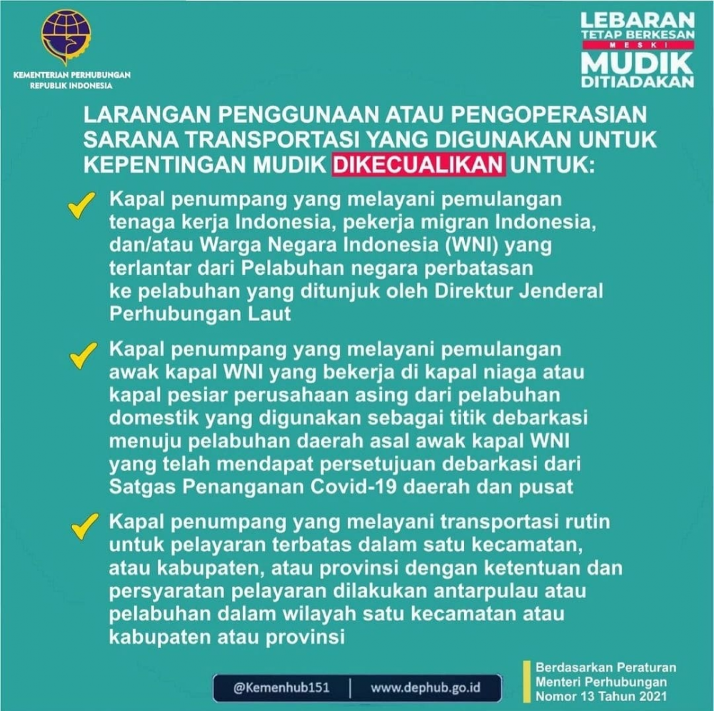 Larangan Pengoperasian Sarana Transportasi Laut Untuk Kepentingan Mudik